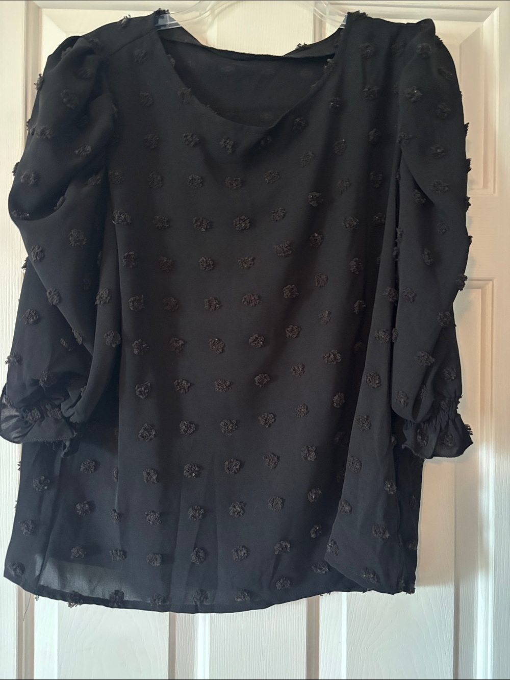 SHEIN Black Puff Sleeve Textured Dot Blouse